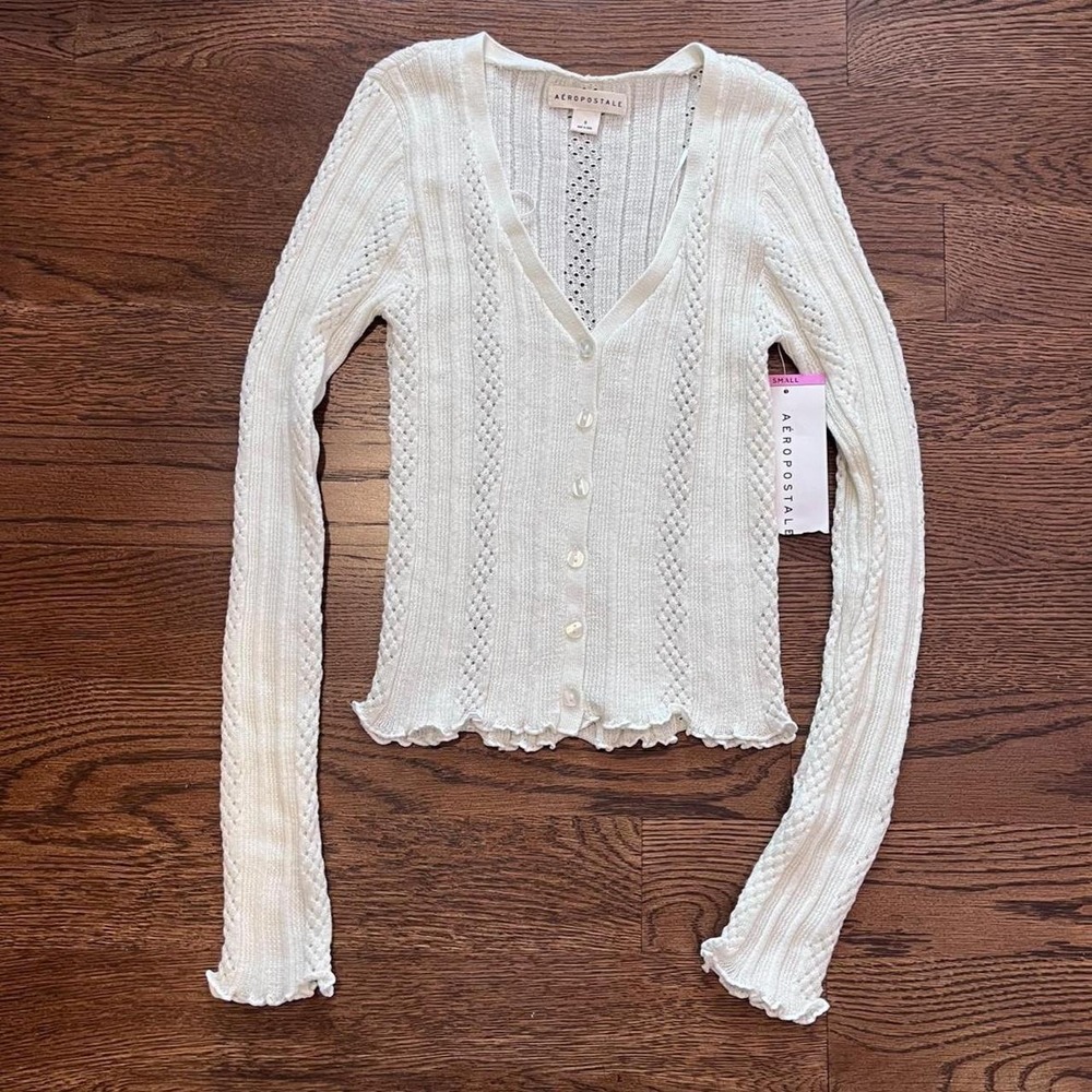 y2k aeropostale deadstock white eyelet button up cardigan sweater small - Picture 1 of 7